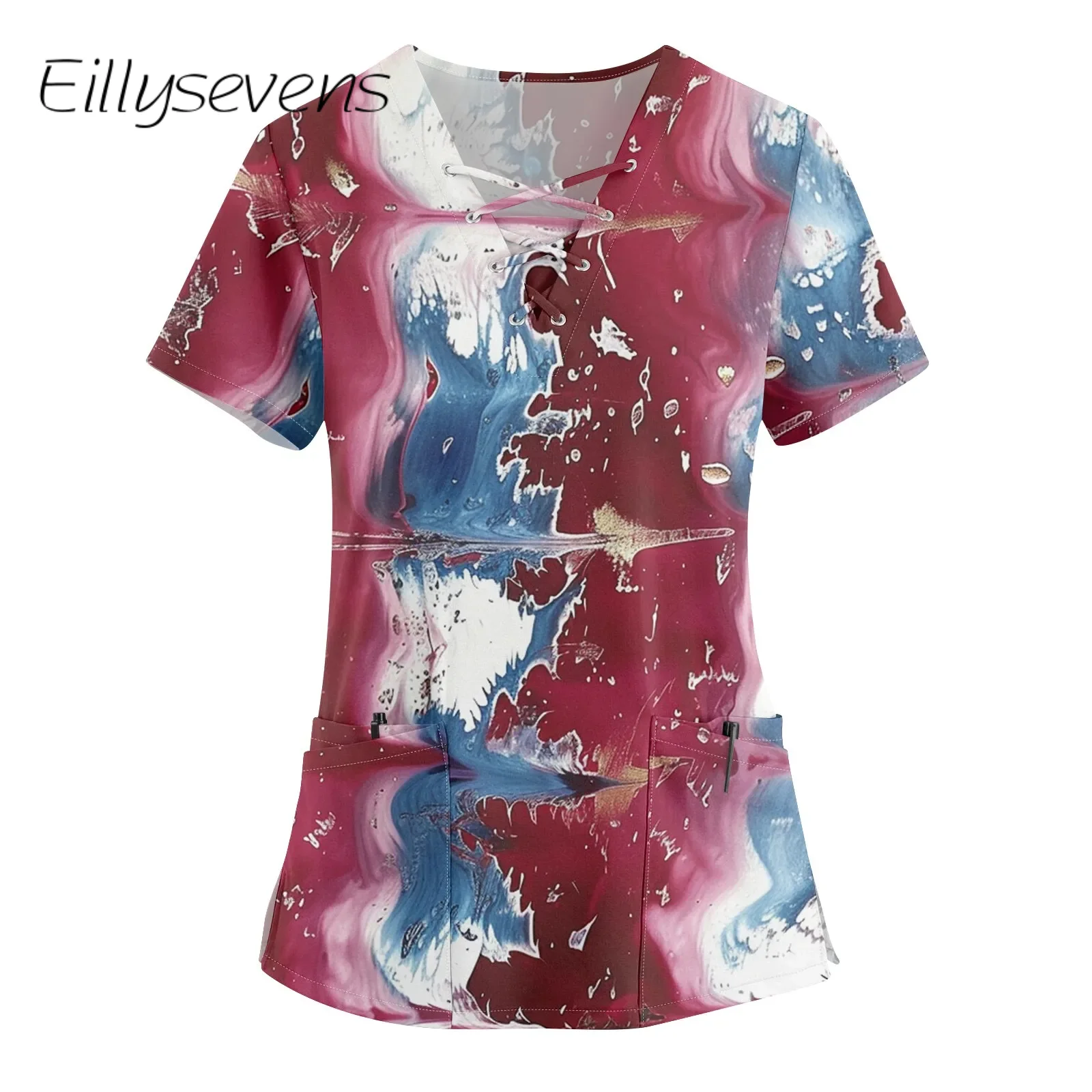 

Working Uniform Exquisite Artist Printed Scrub Tops For Women'S V-Neck Short Sleeve Fun Uniform Workwear Tee With Pockets