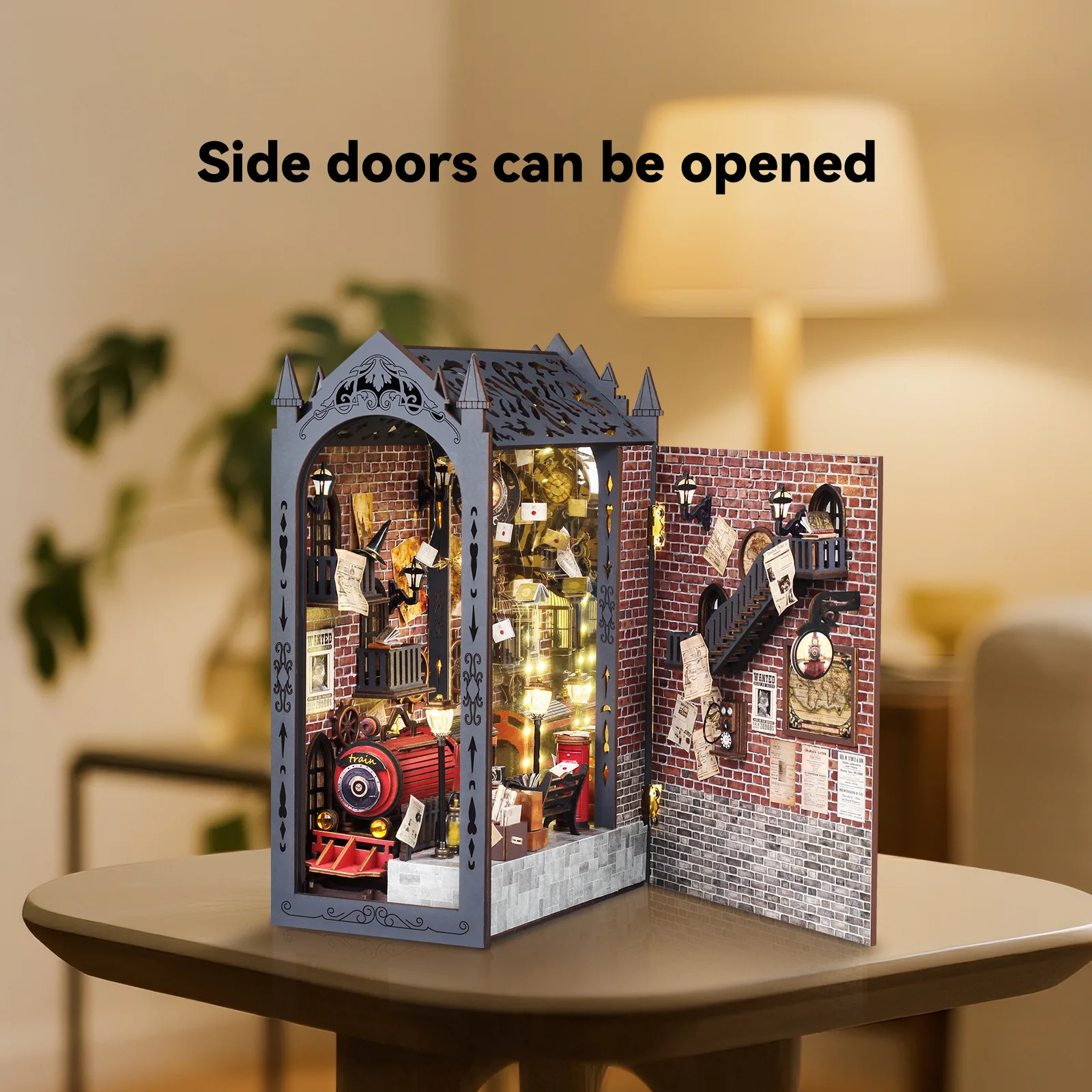 DIY Wooden Train Station Book Nook Shelf Insert Kit Miniature Model Kits Bookshelf With Light Bookend for Friends Birthday Gifts