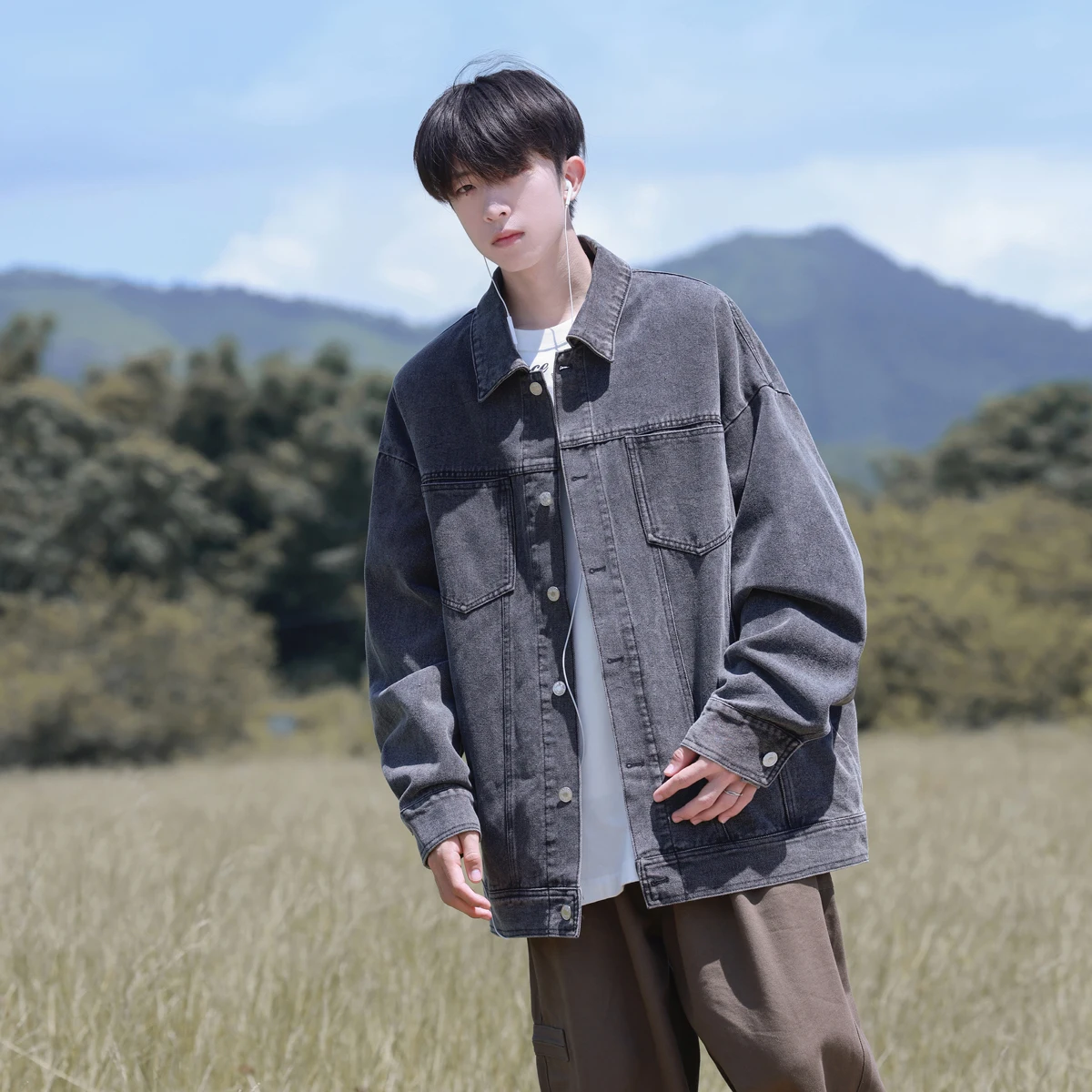 

Bla Loose Fit Workwear Jaet Spring Autumn Trendy Brand y Turn-down Collar Long Sve Windproof Single Button Closure