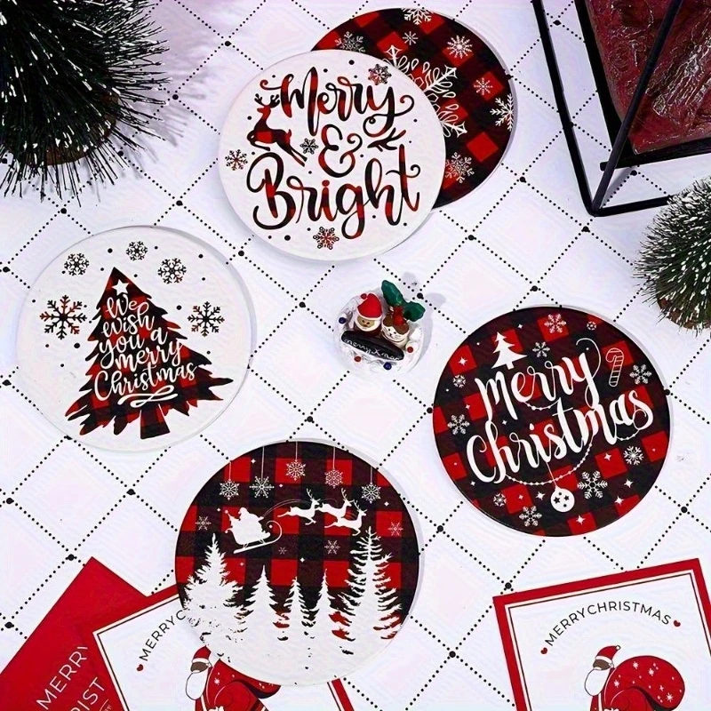 2D 4in Red Christmas Wooden Coaster Heat-Resistant Home Tabletop Decor with Christmas Tree And Snowflake Design for Tableware