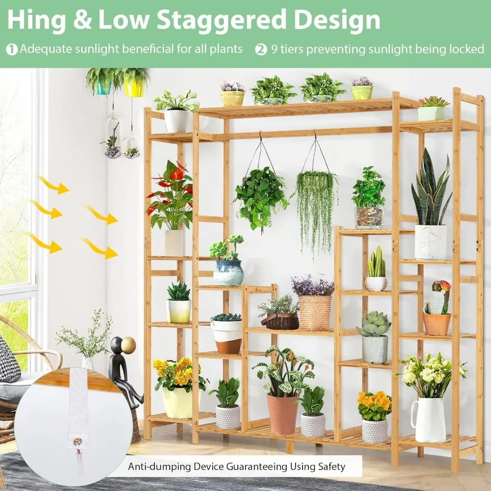 Bamboo Plant Stand, with Hanging Rack & Anti-Dumping Device, 2-In-1 High-Low Plant Holder Shelf, Corner Flower Pot Stand