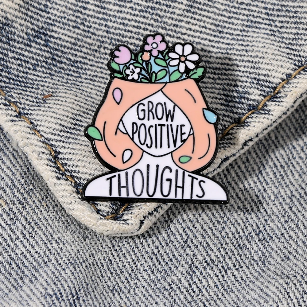 Grow Positive Thoughts Enamel Brooches Inspirational Words Girl Shaped Flower Pattern Pins For Women Jewelry Gift