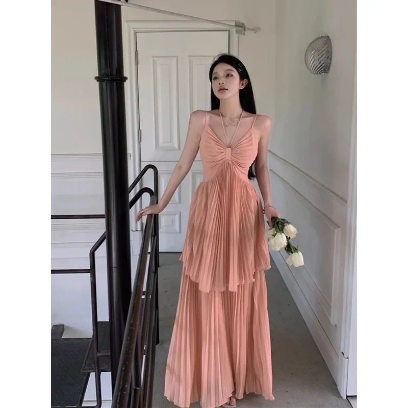 

Halter Summer Holiday Chic Fashion Sexy Streetwear Women Office Lady High Waist Vintage All Match Girl Folds Casual Club Dress