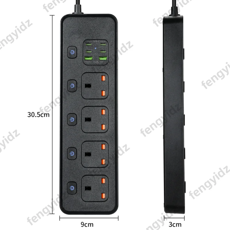 UK plug power strip with 4 AC sockets USB Type-C port independent switch controlled power socket 2m cable surge protector