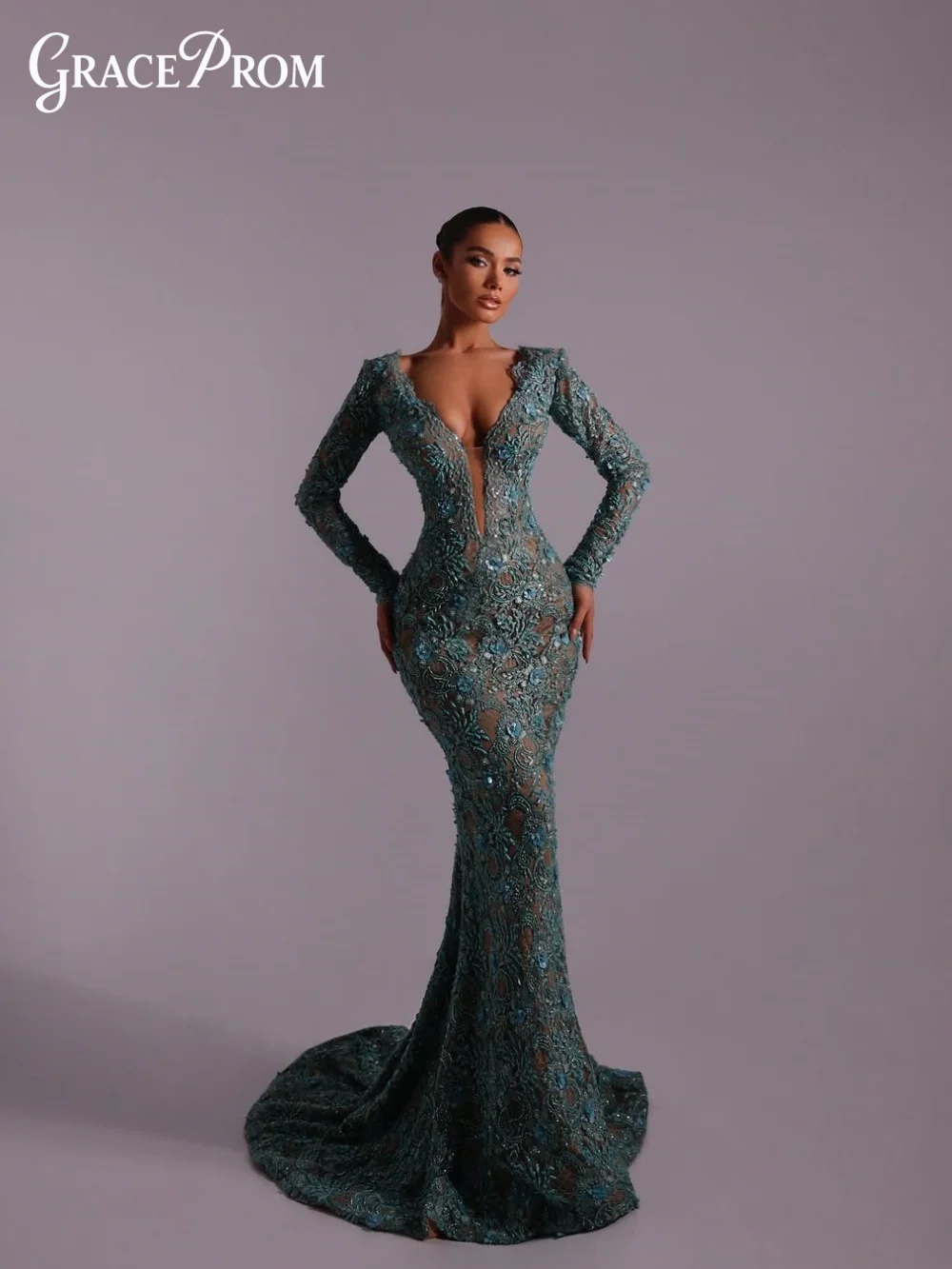 

Glamorous Long Sleeve Prom Dress Lace Evening Gown Deep V Formal Party Dress Luxury Sparkly Cocktail Dress Vestidos De Noche