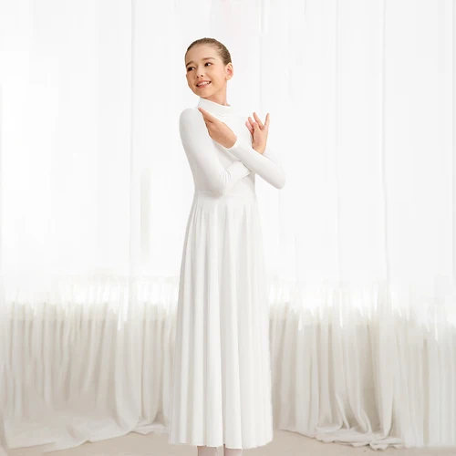 Imagen 2 del producto Vestido de baile de alabanza para niñas, suelto, plegable, cuello alto, manga larga, adoración litúrgica con recortar libremente 