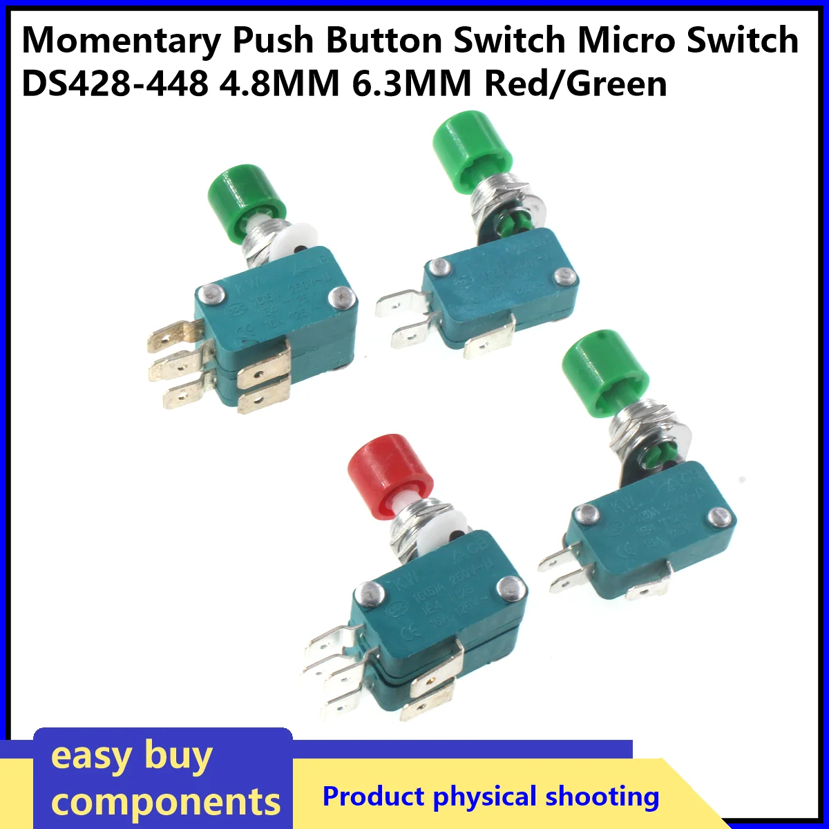 1/2PCS DS-438 DS-448 Momentary Push Button Switch Micro Switch16A 125V/250VRed green Signal PushButton AC Momentary  4.8/6.3MM