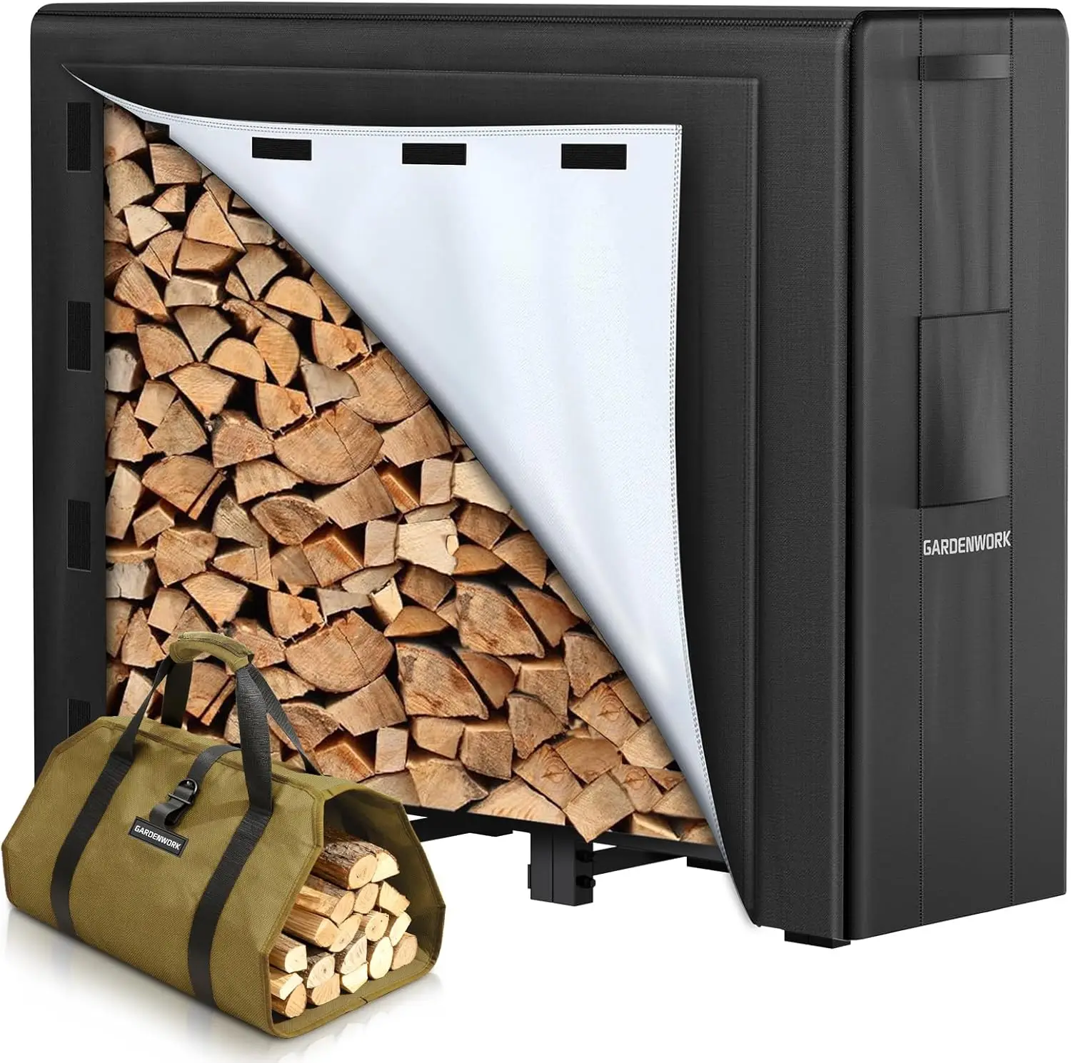 

4FT Heavy Duty Firewood Rack with Adjustable Cover, Outdoor Wood Storage Holder and Bag