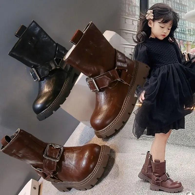 Kids Riding Boots Boys Girls Leather Mid Calf Short Boots Autumn Winter Shoes for Big Children Cool Versatile Casual Footwear