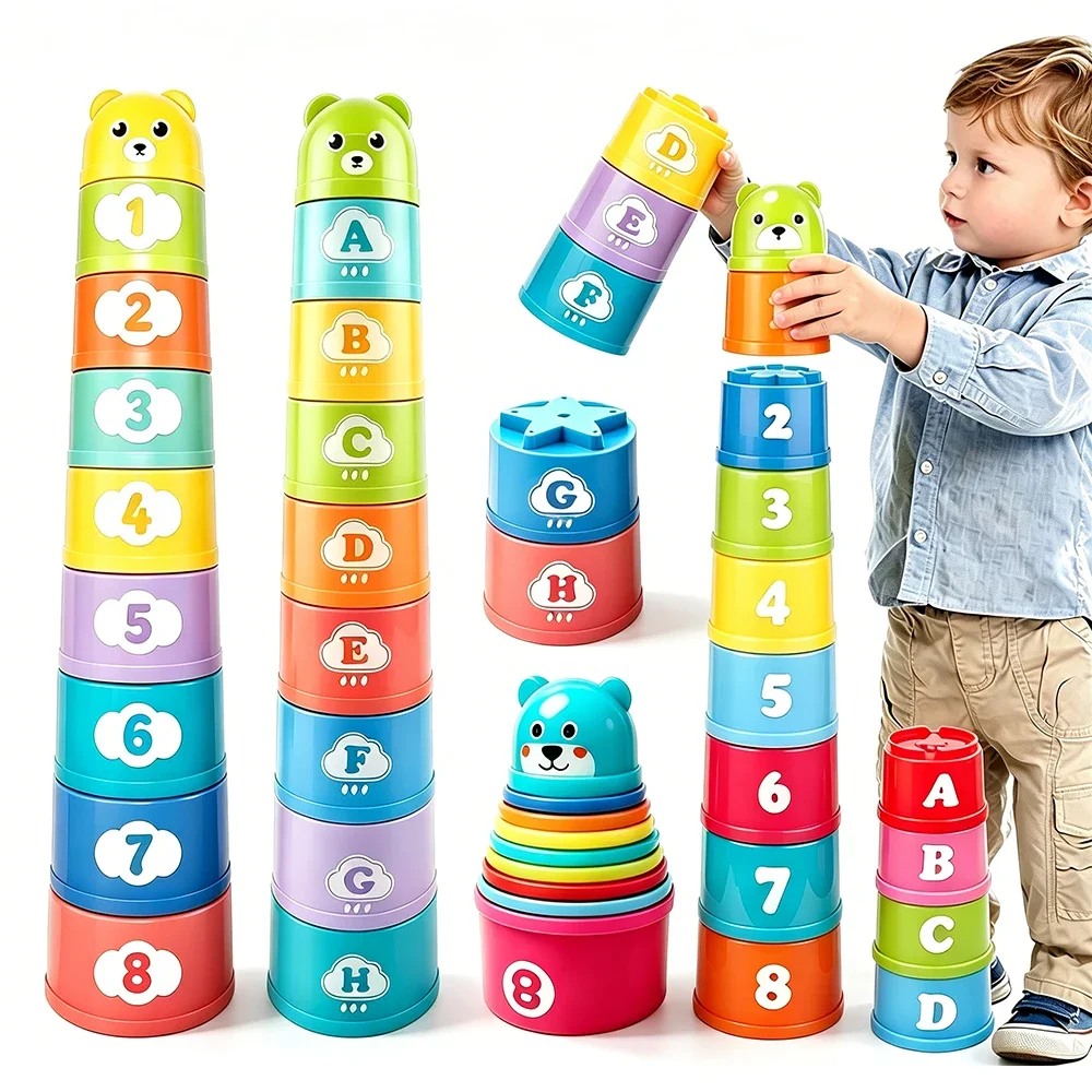 Rainbow Stacking Cups Kids Fold Cup Baby Early Education Puzzle Toy Color Sorting Training Hand Speed Competition Birthday Gifts