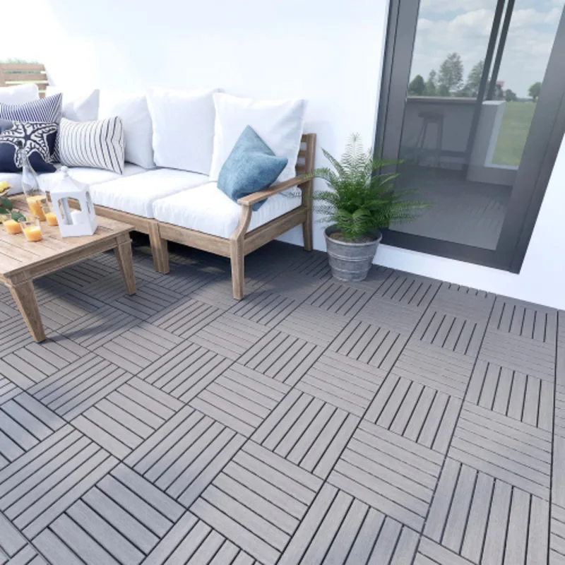 

10 PCS Interlocking Deck Tiles Striped Pattern 12" X 12" Square Light Gray Acacia Hardwood Outdoor Flooring For Patio