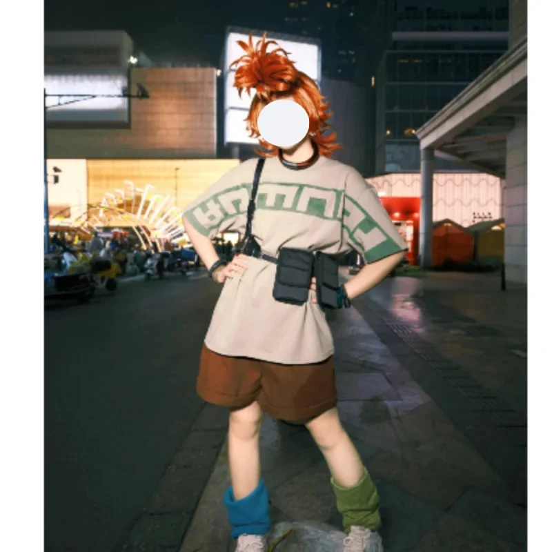 

Euro 7 Cos GACHIAKUTA Remulin Cosplay Costume Printed Green Short Sleeve Shorts Collar Hair Accessories Belt Backpack Wig S 【【【2