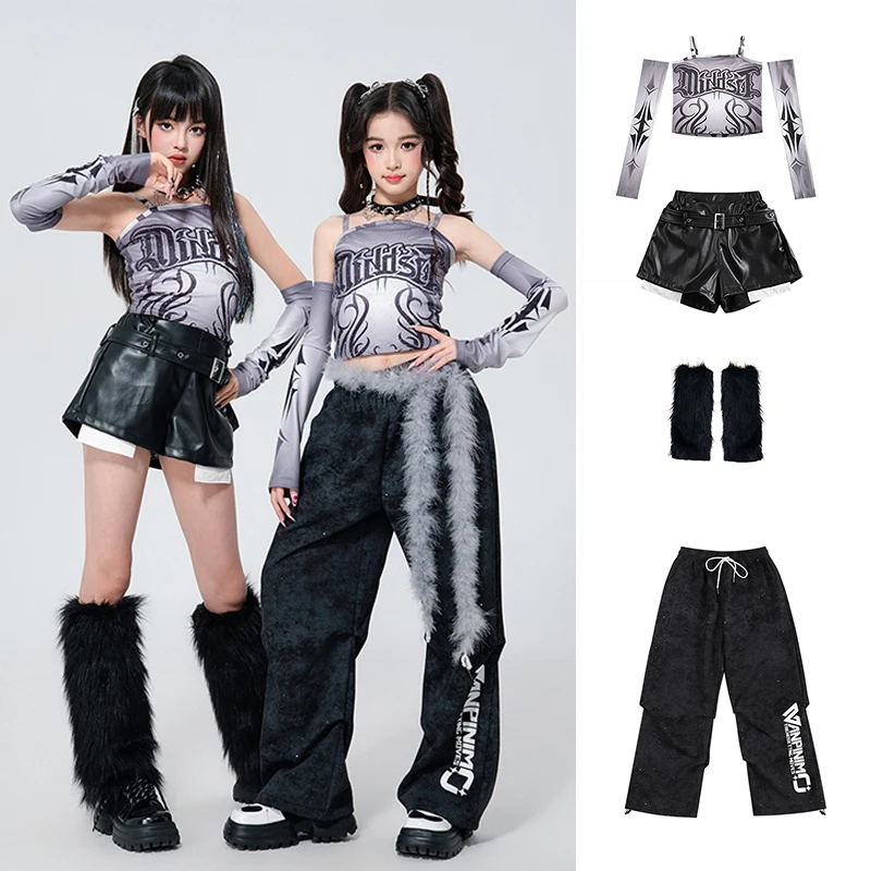 

K-pop сценическая одежда для девочек, наряды для джазовых танцев, детский костюм танцовщицы, костюм для подиума, укороченные топы, шорты, брюки XH2785