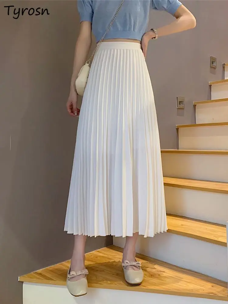 

Skirts Women Solid Design Folds Fashion Simple All-match Elastic Waist Tender Elegant Empire Students A-line Midi Leisure Cozy