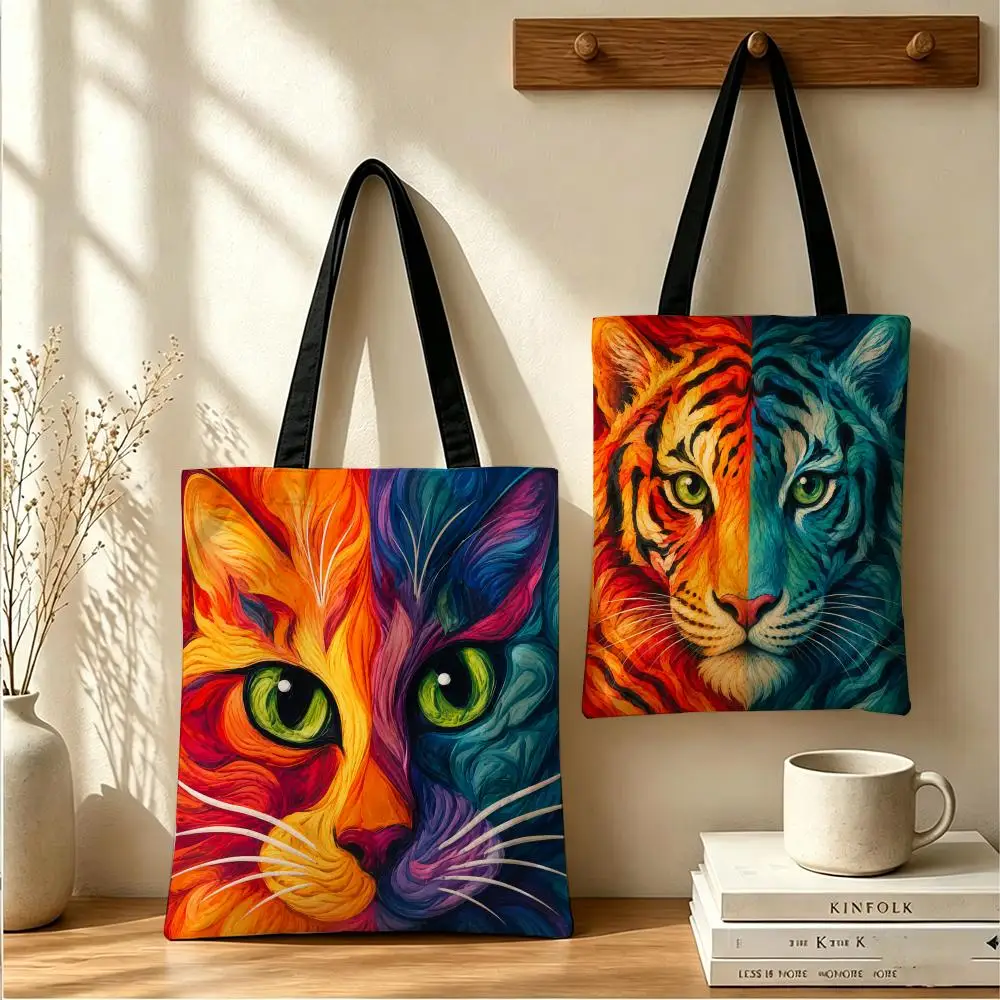 Light and Dark Animals Storage Bags Double-Sided Printed Canvas Tote Bag Eco-Friendly Reusable Large Capacity Handbag