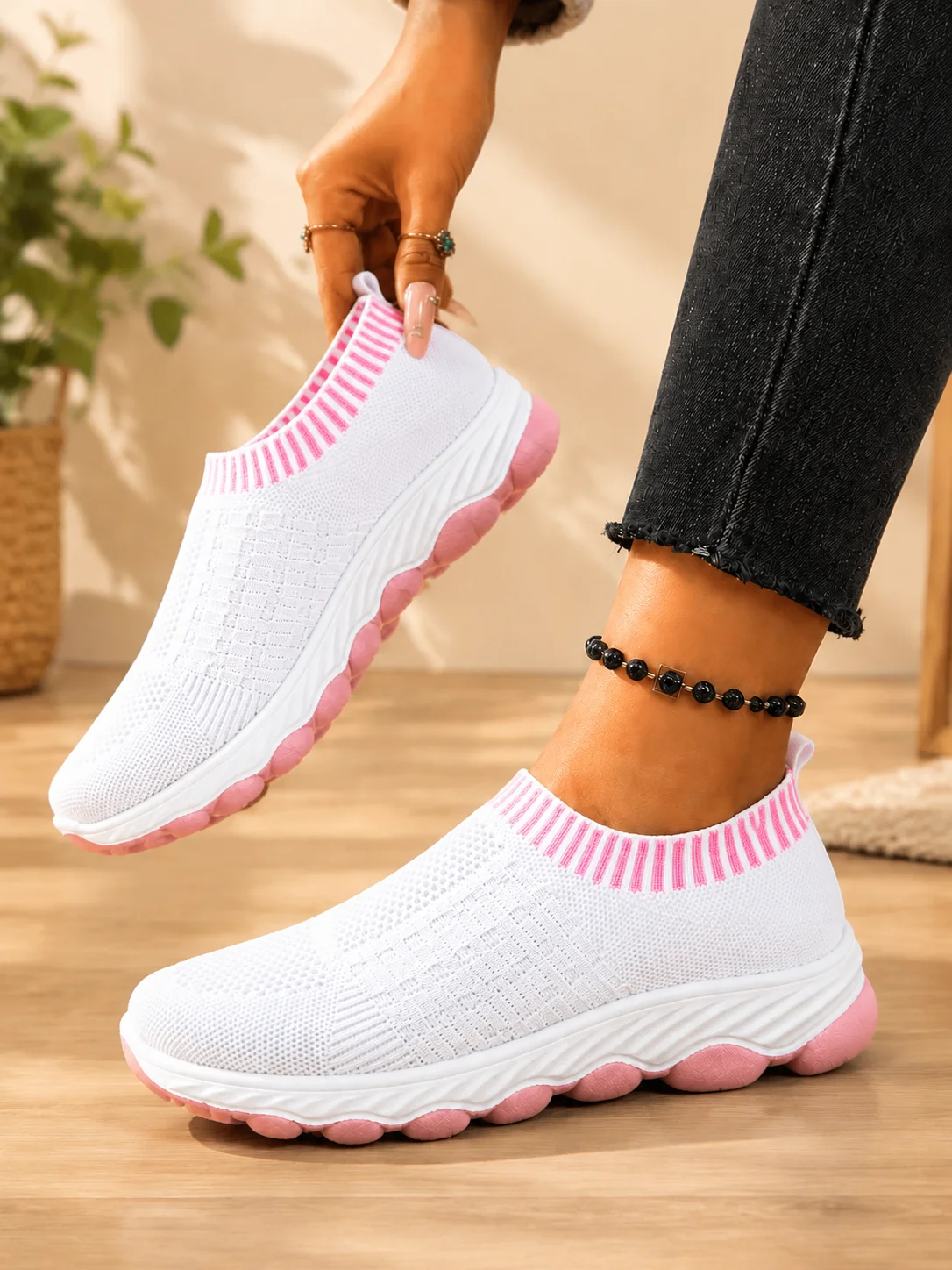 Frühling Herbst Damen Slip-On Strick-Wanderschuhe Atmungsaktives Mesh Rutschfeste Plattform Weiche Sohle Komfortable Orthopädische Freizeitsneaker – Detail 5