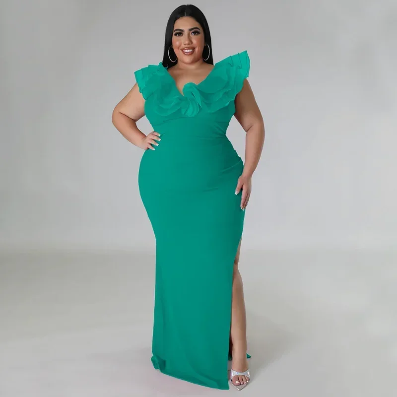 KEXU Plus Size Women Mesh Ruffles V Neck  Bodycon Maxi Dress Sexy Side Split Party Club Evening Long Summer Dresses