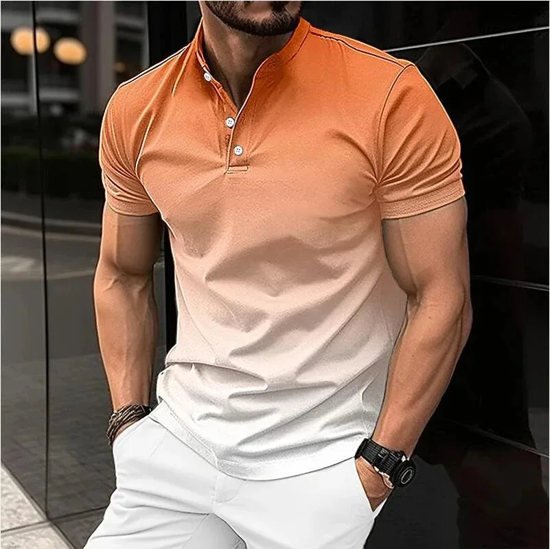 Best Selling Men\'s Short Sleeve Polo Shirt Lapel Button Solid Colour Gradient Tops Summer Casual Comfortable Men\'s Clothing