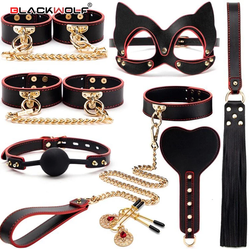 Blackwolf Bdsm Kits Lederen Bondage Set Fetish Handboeien Kraag Gag Zweep Erotische Speeltjes Voor Vrouwen Koppels Volwassen Spelletjes