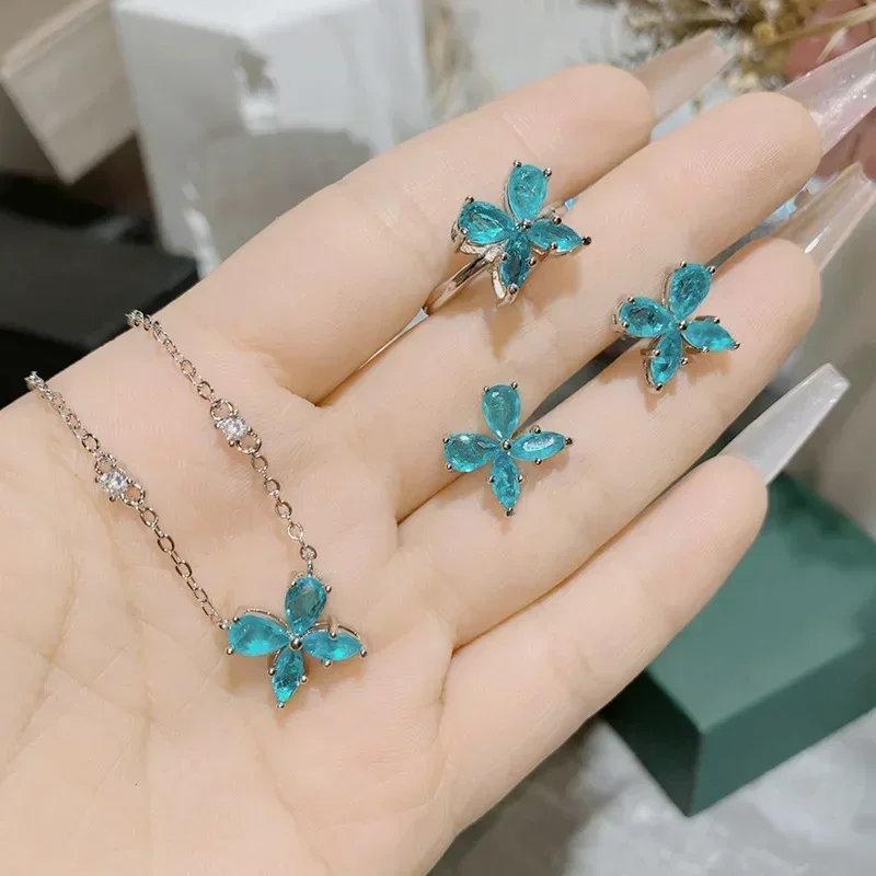 

MDL Moissanit. Style Light Luxury Niche Necklace Set Women Gold Plated Flower Simple Set Green Paraiba Ring