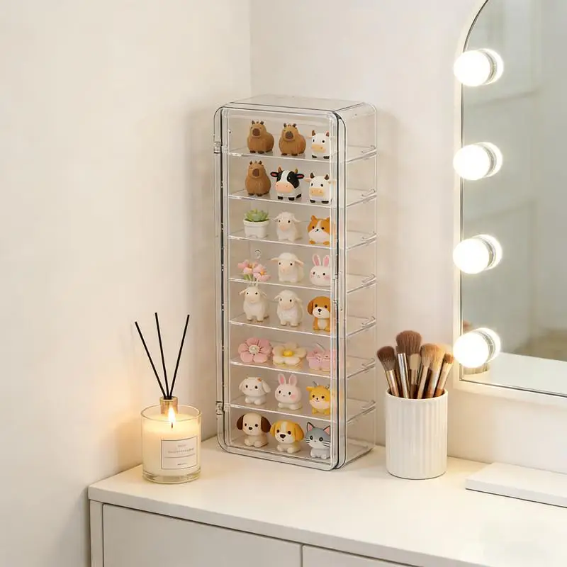 Cute Mini Acrylic Display Box with Flip Dust Cover, Figure & Jewelry Storage Organizer for Desktop