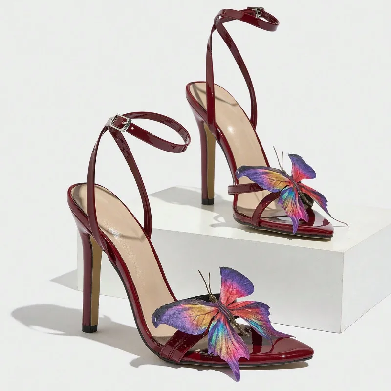 Women's High Heeled Sandals Elegant Three-dimensional Butterfly Decoration Stiletto Sandals Ankle Strap One Word Buckle Sandals