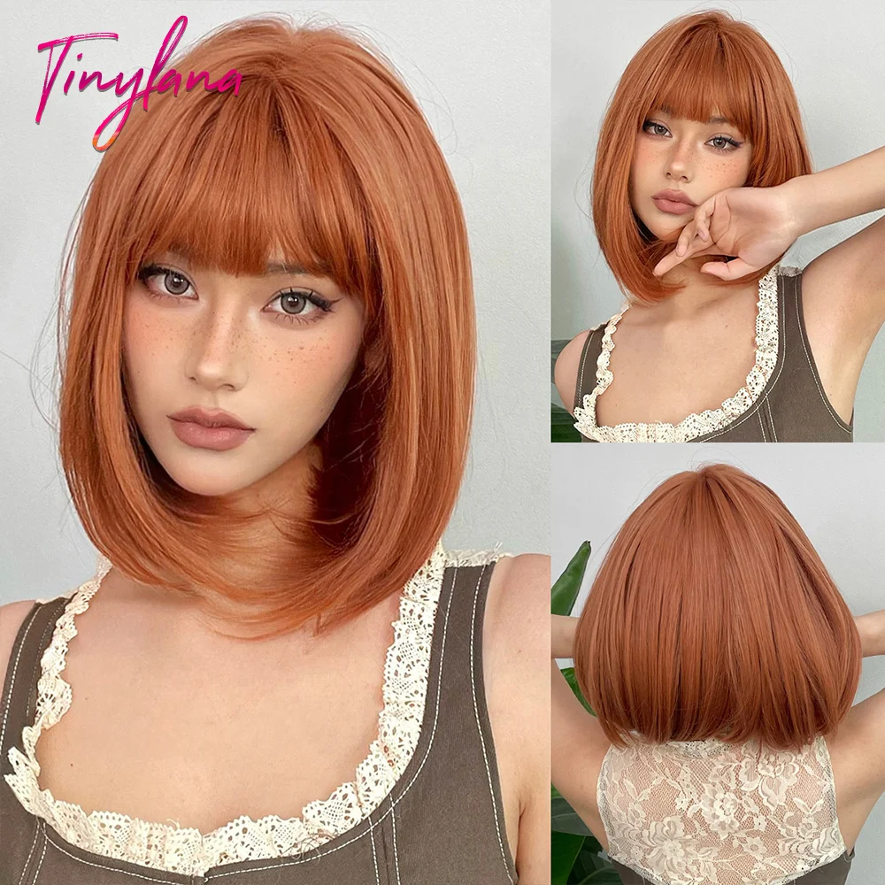 

Orange Ginger Copper Short Bob Synthetic Hair Wigs with Bangs Straight Lolita Cute Wig for Women Cosplay Daily Heat Resistant