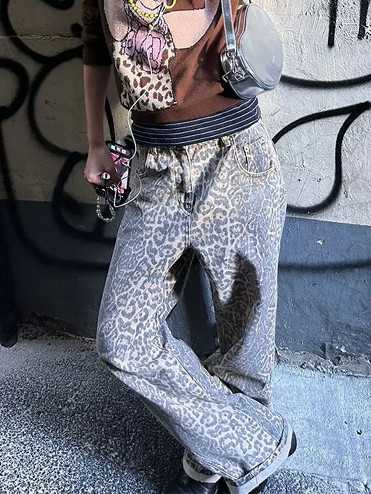 Imagem -05 - Jeans Largos para Homens e Mulheres High Street Vibe Calças de Perna Larga Estampa Leopardo Hip-hop Harajuku Limpo Moda Americana Novo Y2k