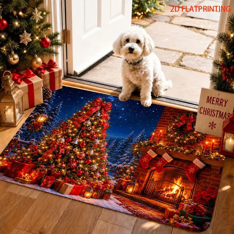  Luxurious Red Bow Golden Ornament Merry Christmas Glitter Background Durable Washable Floor Rug For Festive Doorway Indoor Deco