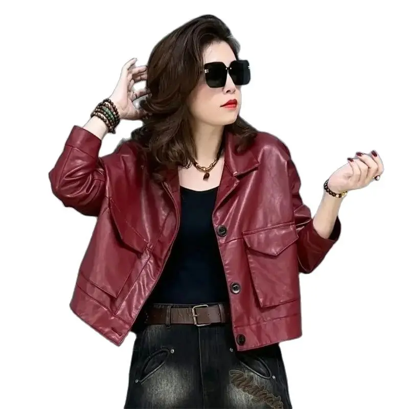 

Wine Red Black Leather Jacket Women Spring Autumn New Fashion Big Pocket Coat Loose Short PU Leather Motorcycle Jackets Outwear