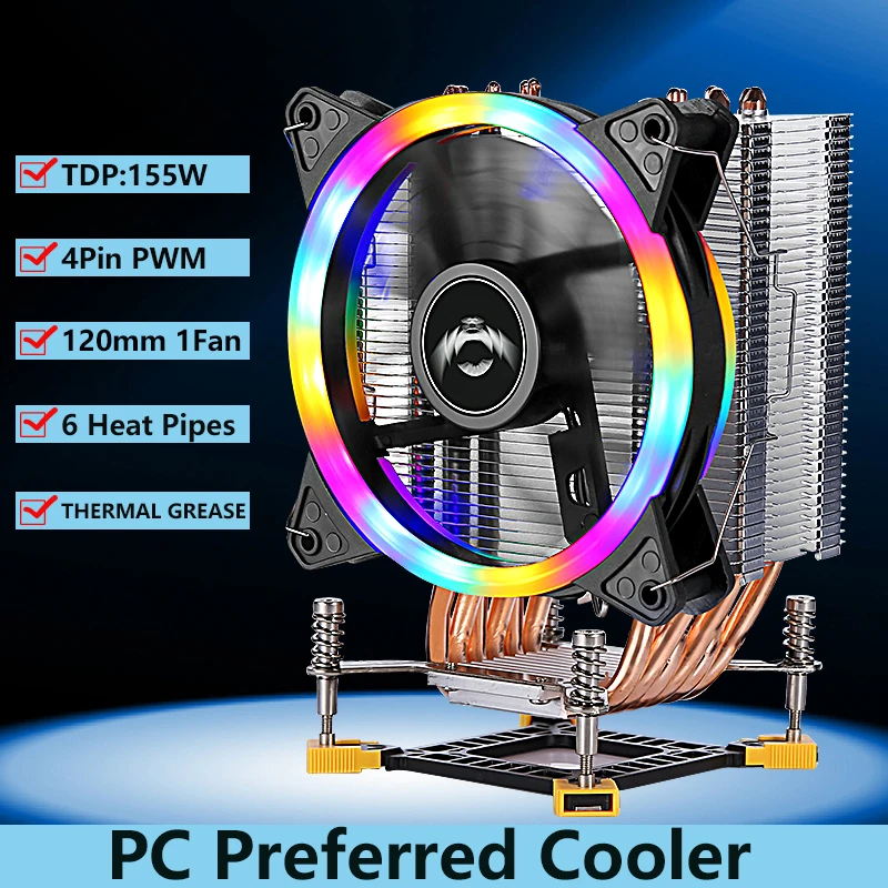 QIUzAim Tower Radiator 6 Heat Pipe Installing LGA775 115x 1200 1700 i5 i7 PC Cooling 120mm Fan Efficient Air-cooled CPU Cooler