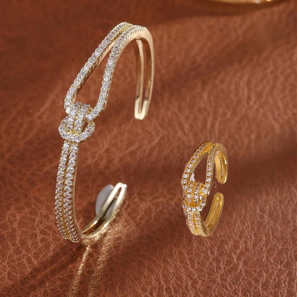 ZAKOL Classic Knotted Niche Design Micro-Inlaid Zircon Open Bracelet Ring for Women Exquisite Wedding Party Jewelry