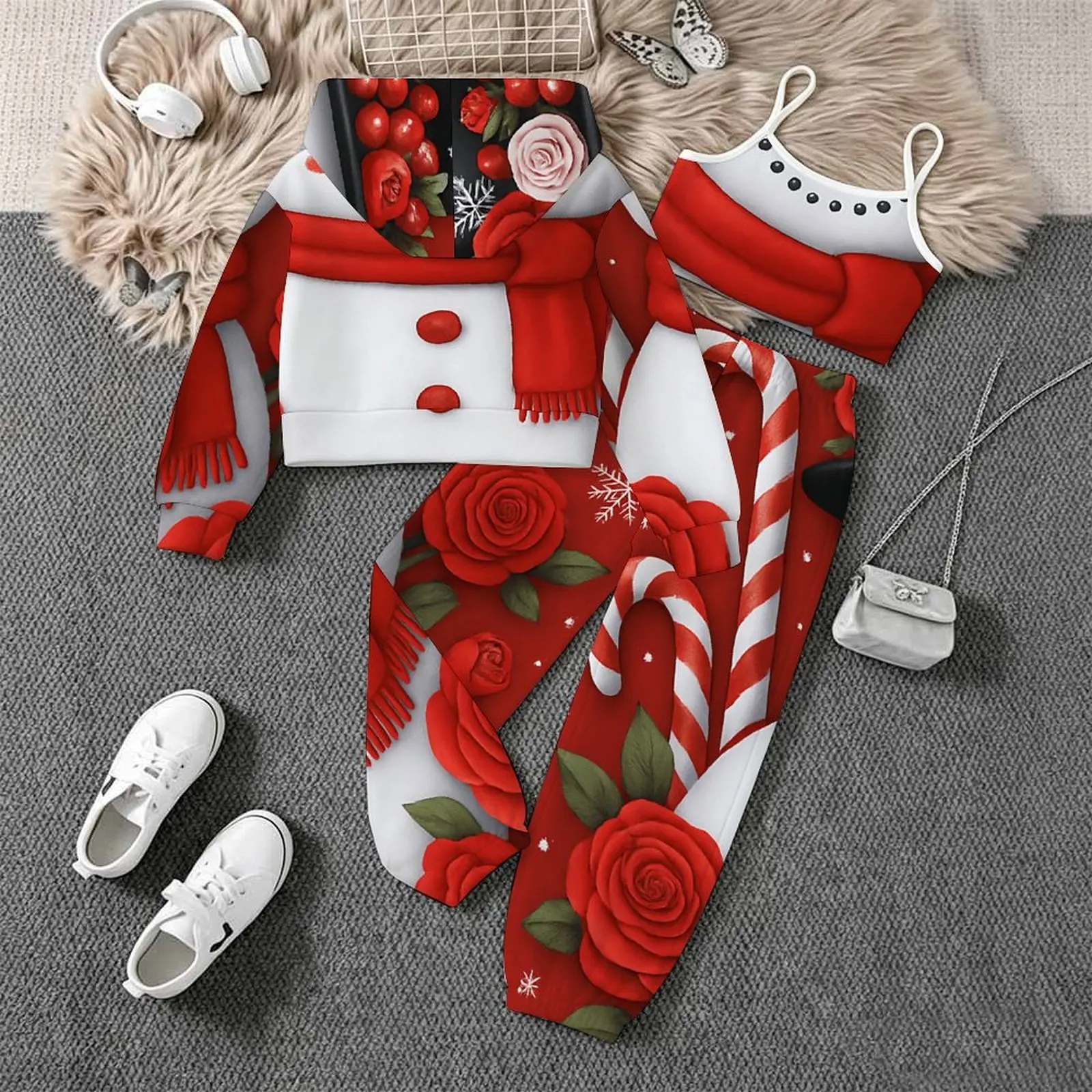 3pcs Autumn Girls Casual Set Fashion Print Jogger Pants Kids Zip Tops Three-piece Suit Children's Christmas Long Sleeve Coat