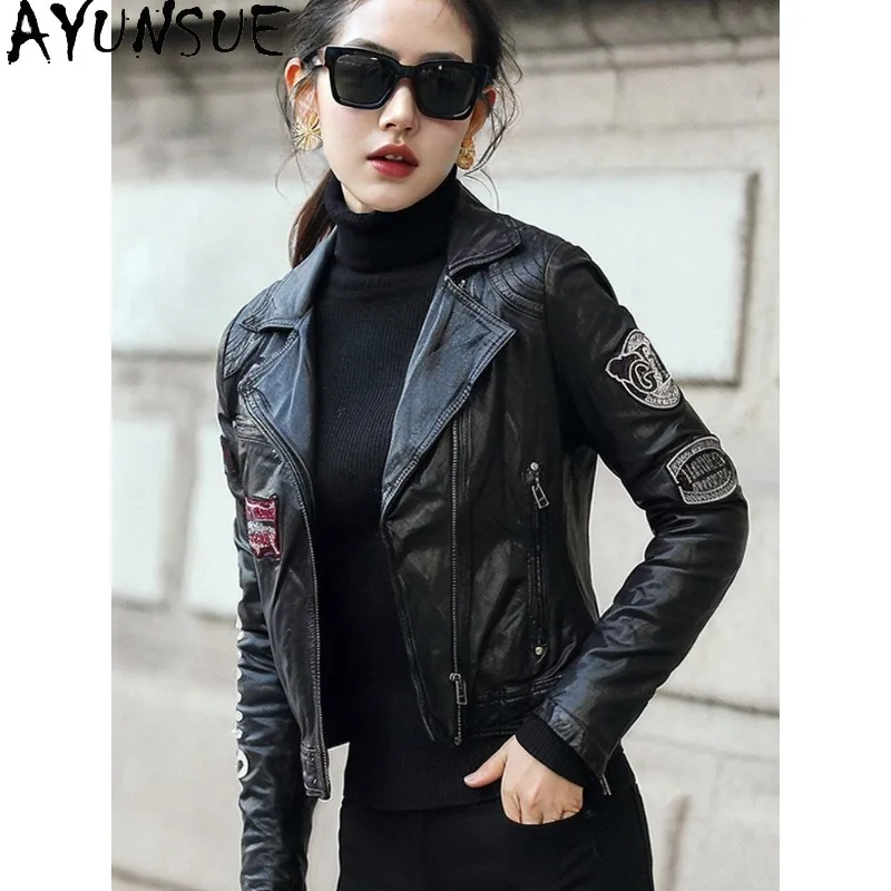 AYUNSUE Real Leather Jacket Woman Fashion Short Motorcycle Outerwear Vegetable-tanned Leather Jackets for Woman Clothes Jaqueta