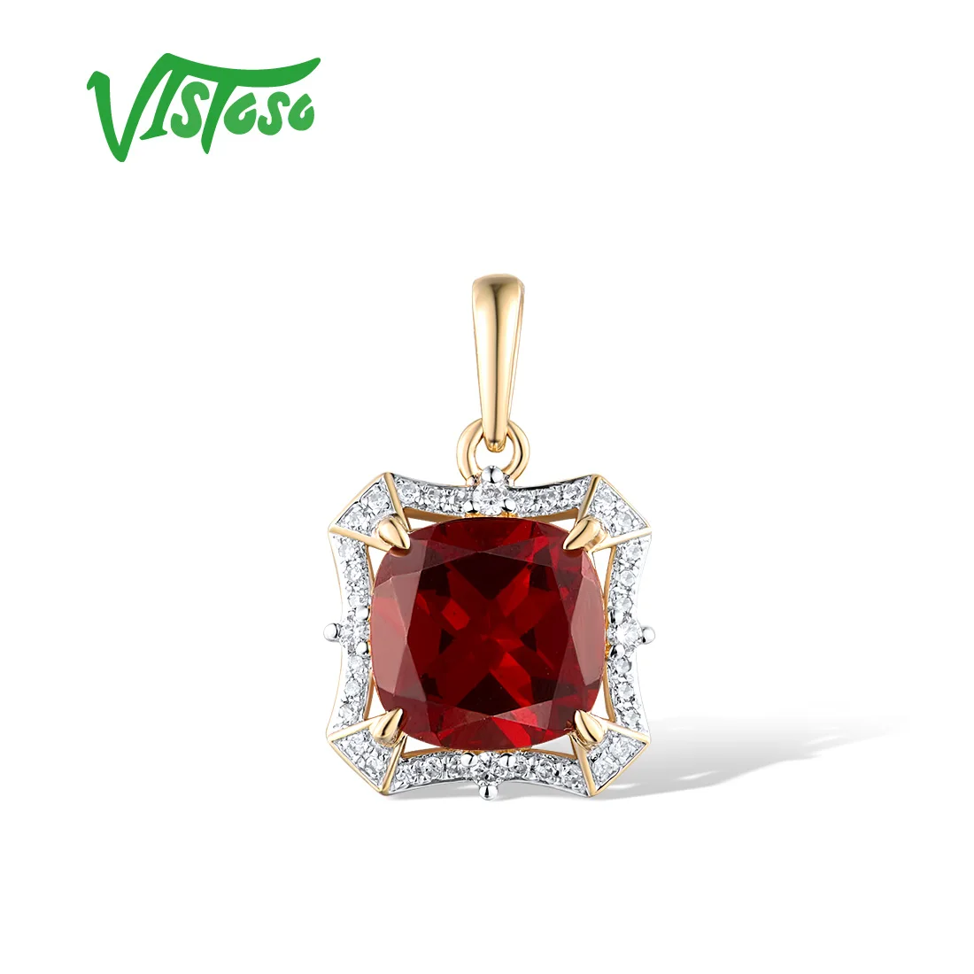 

VISTOSO Genuine 14K 585 Yellow Gold Pendants For Women Sparkling Diamond Garnet Square Trendy Wedding Anniversary Fine Jewelry