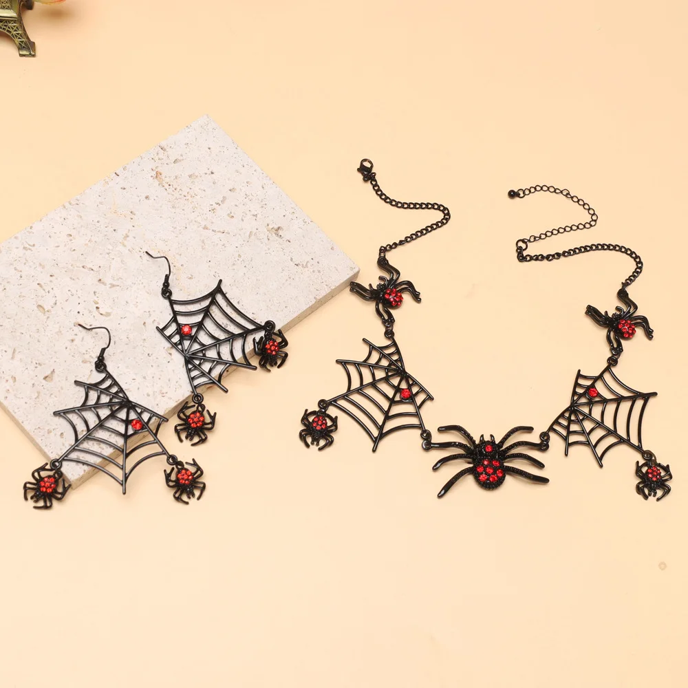 Exaggerated Personality Spider Necklace and Earrings 2pcs Set Dark Spider Web Pendant Halloween Cosplay Jewelry