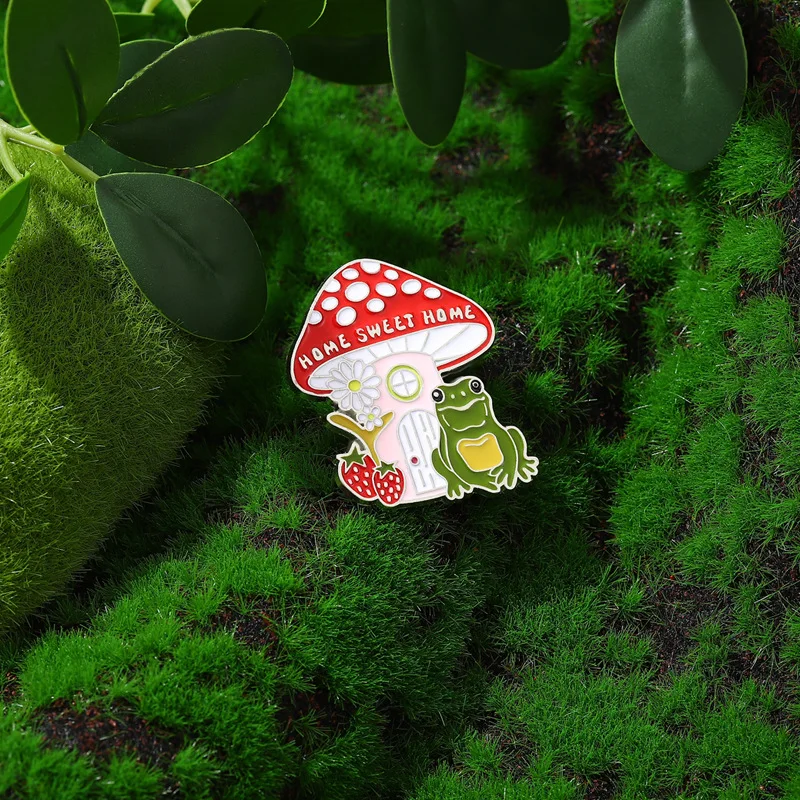 Cute Mushroom Frog Brooches Cartoon Animal Enamel Pins Sweet Home Flower Strawberry Lapel Badges Kawaii Jewelry Accessories Gift