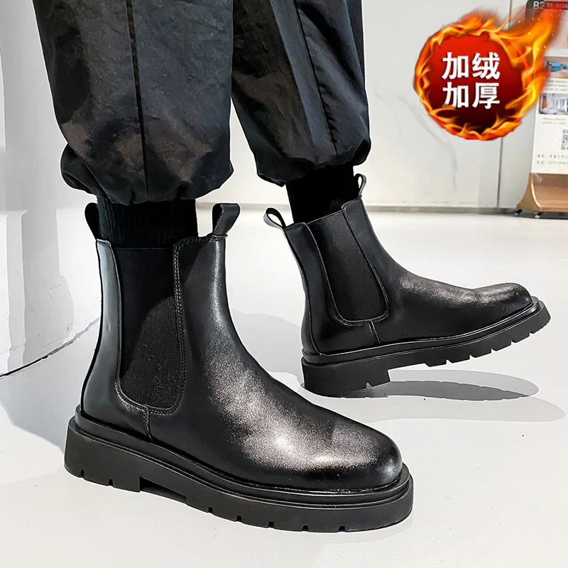

Men Chelsea Boots PU High Cut Thick Sole Comfortable Plush Snow Boots Business Casual Men Boots Sizes 38-46