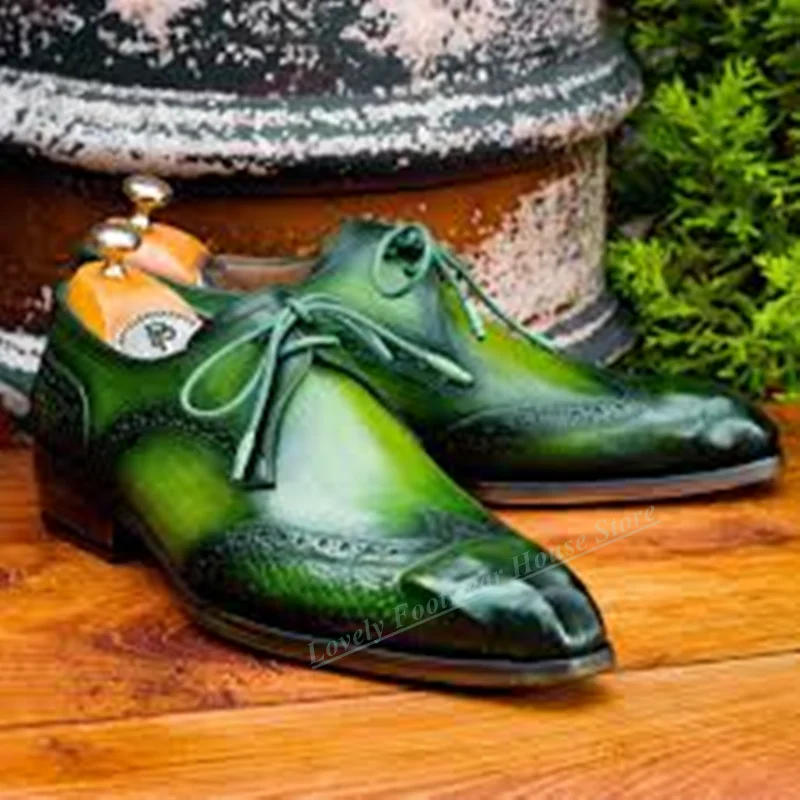 

Fashion Brogues Man Green Genuine Leather Shoes Male Slip On Spring Autumn Party Wedding Casual Loafer Shoes