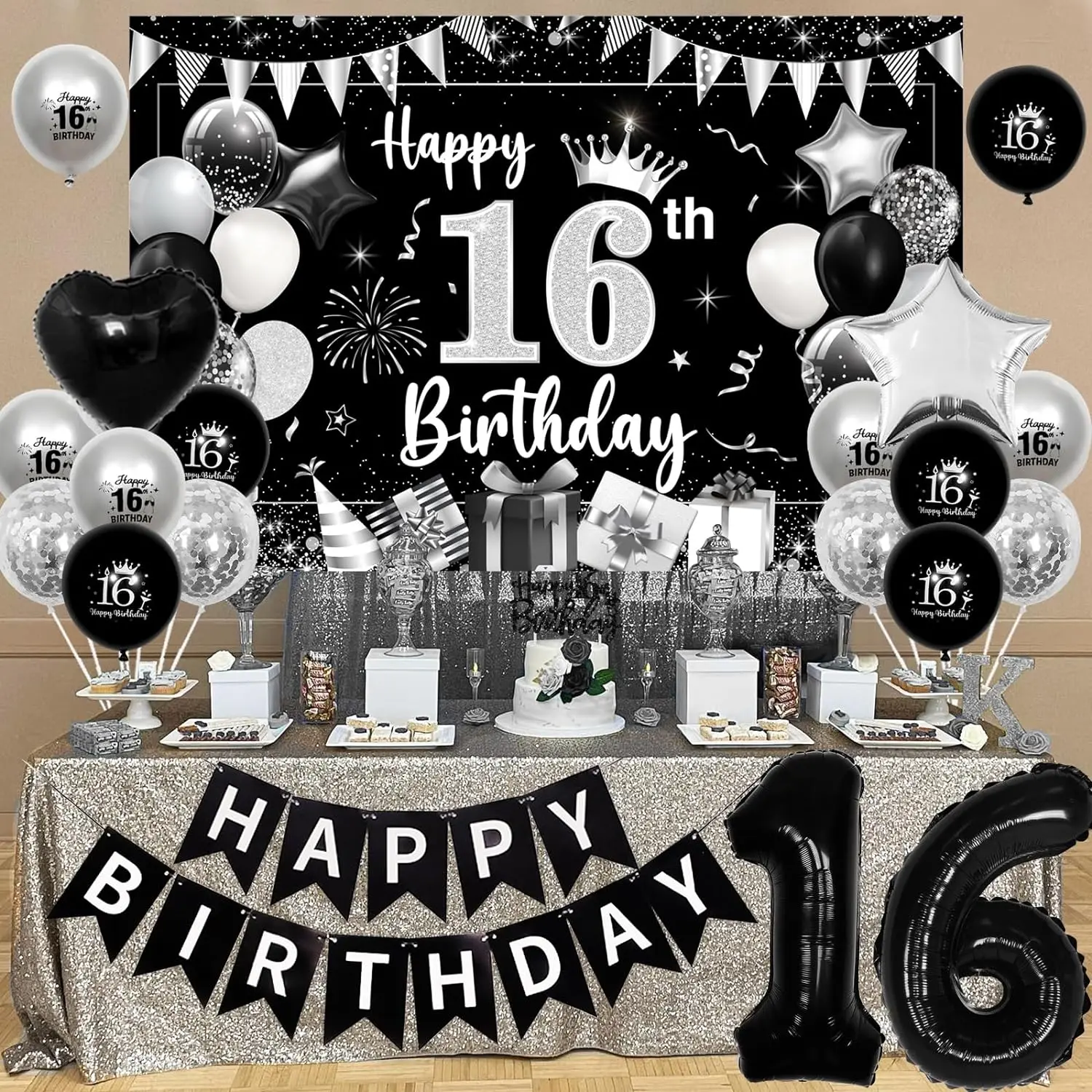 Imagem -02 - Banner Feliz Aniversário para Meninos e Meninas Decor Backdrop Cake Topper 16 Foil Balloons 16 Year Old Decor Aniversário