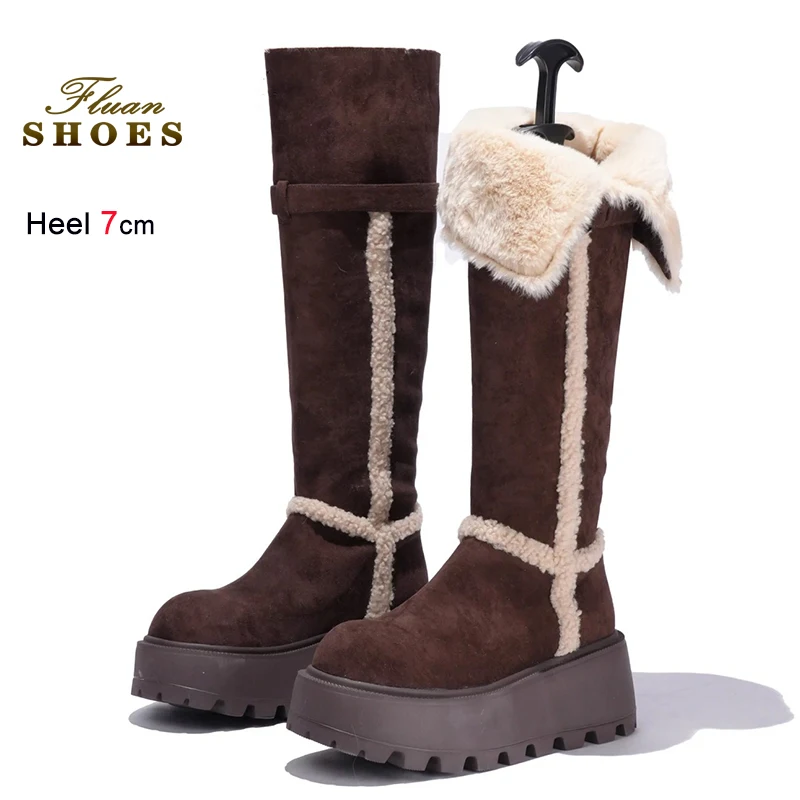

2025 New Winter Coffee Colour Women's Snow Boots Round Toe Knee High Boots Thick Flats Bottom 7cm Slip On Ladies Warm Long Boots