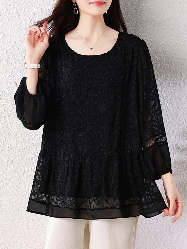 

Элегантная повседневная женская рубашка больших размеров с круглым вырезом, свободного кроя, черная, универсальная, весна 2026, с длинным рукавом