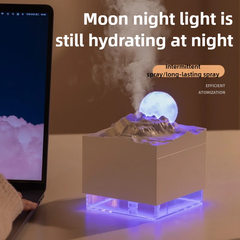 Desktop Humidifier with Colorful Ambient Light USB Port Silent Spray 300ML Large Fog Volume Home Bedroom Creative New Moon Falls