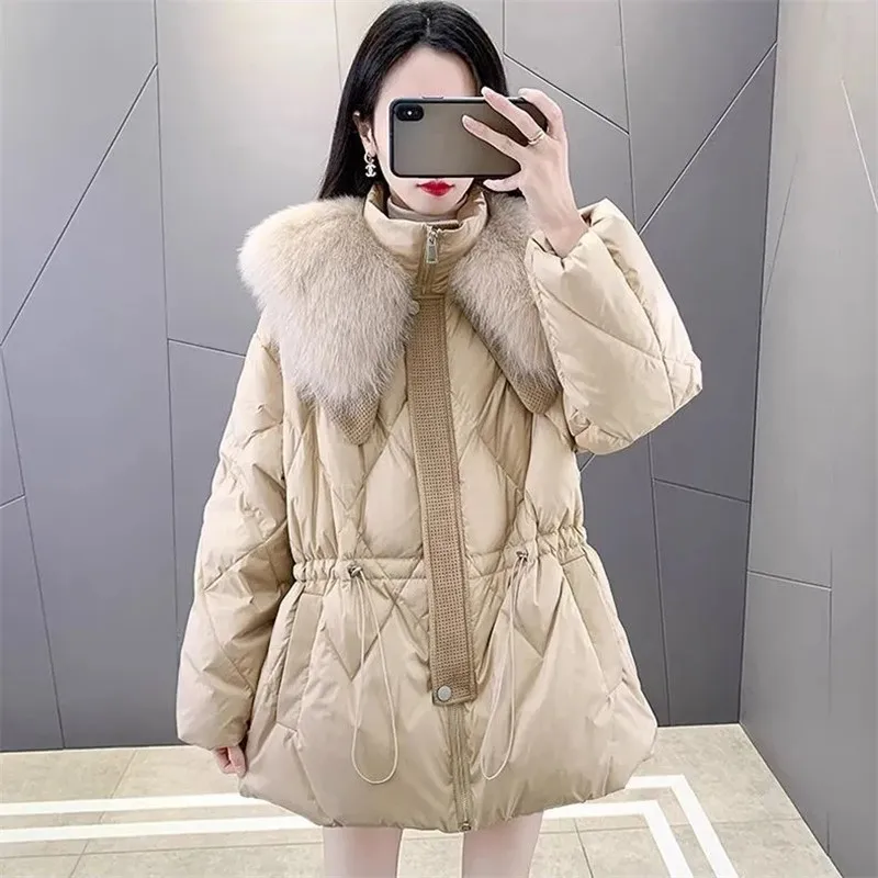 Cotton-padded Jacket with Big Fur Collar for Women Lace-up Jackets Vintage Female Clothes High Quality Winter Outerwears 2025