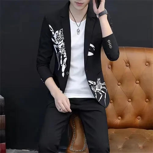 2026 New Men\'s Yellow Printed Suit Jacket and Trousers, Spring Autumn Slim Men 2-Piece, White Black Blazer Pants