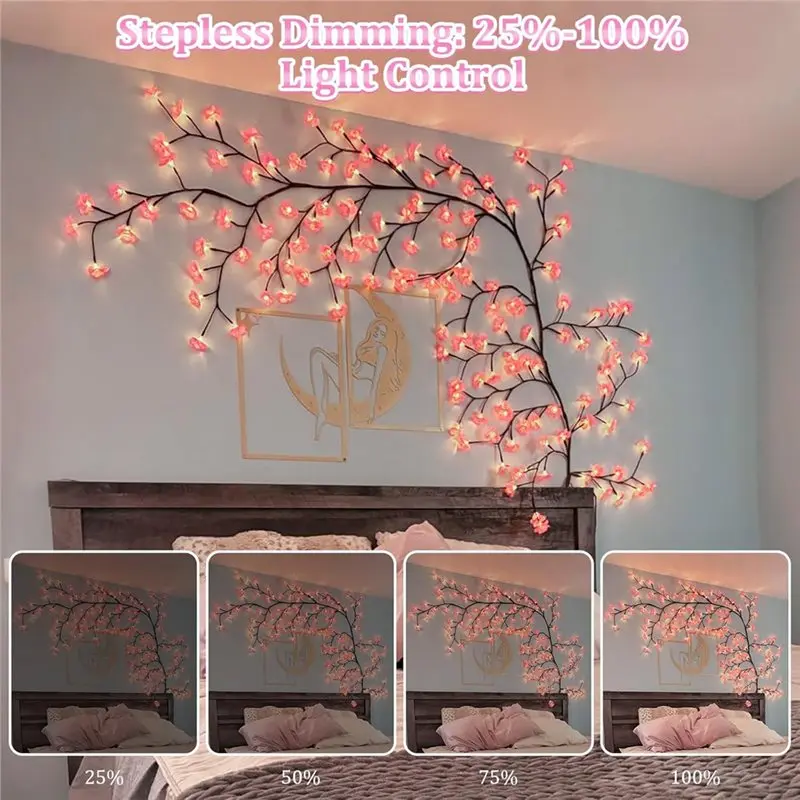 ABRU-Cherry Blossom Lights, 7.55 FT 144 LED DIY Enchanted Willow Vine Lights With Remote Timer,For Bedroom Home