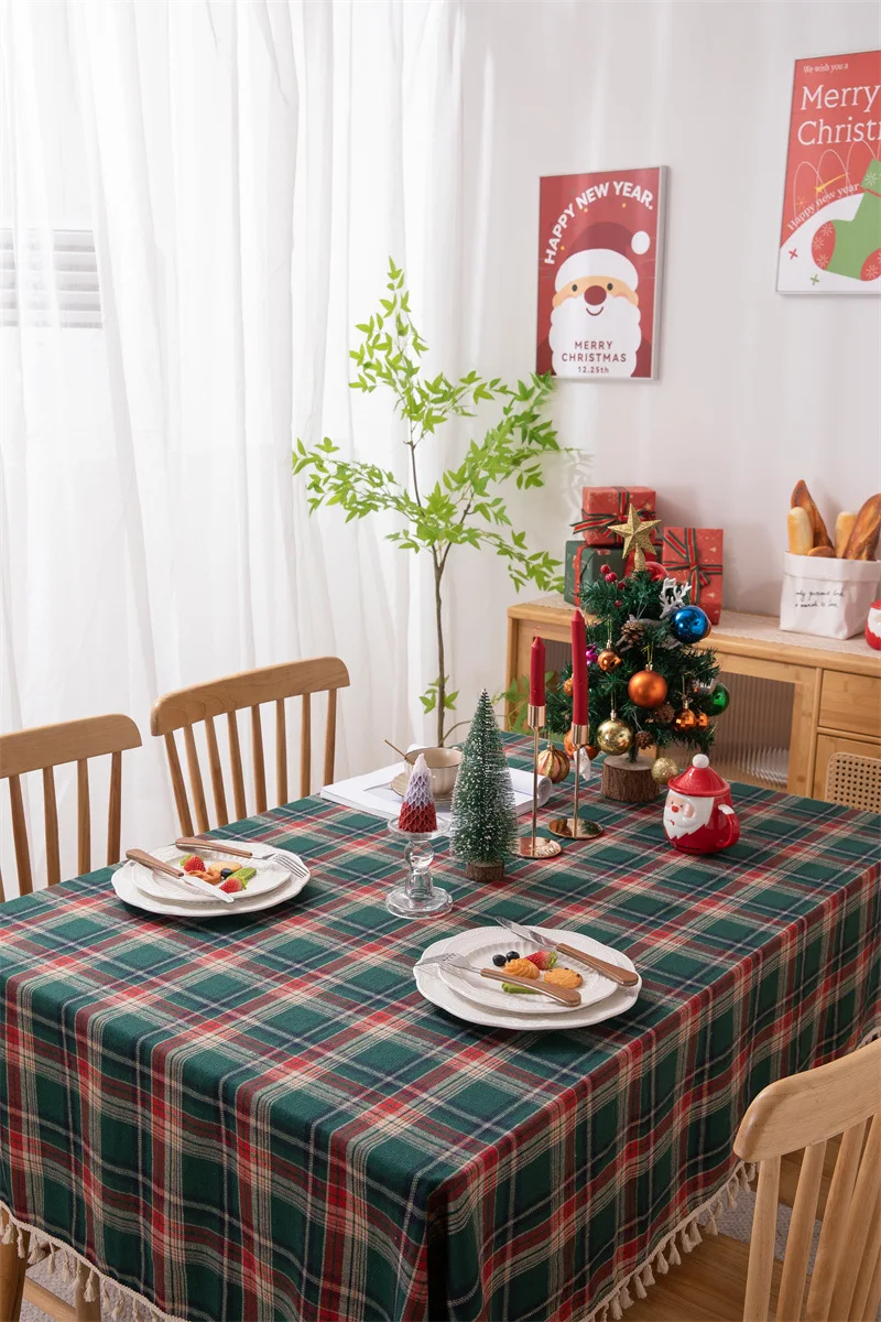Weihnachtsdekoration, runde Tischdecke, karierte Tischdecke für Neujahr, Familientreffen, Restaurant, Party, Abendessen, Heimdekoration – Detail 11