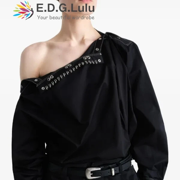 

EDGLuLu Fashion Design Asymmetrical Collar Off-Shoulder Long Sleeve Women's T-Shirt Casual Street Loose Black T-Shirt Top0725