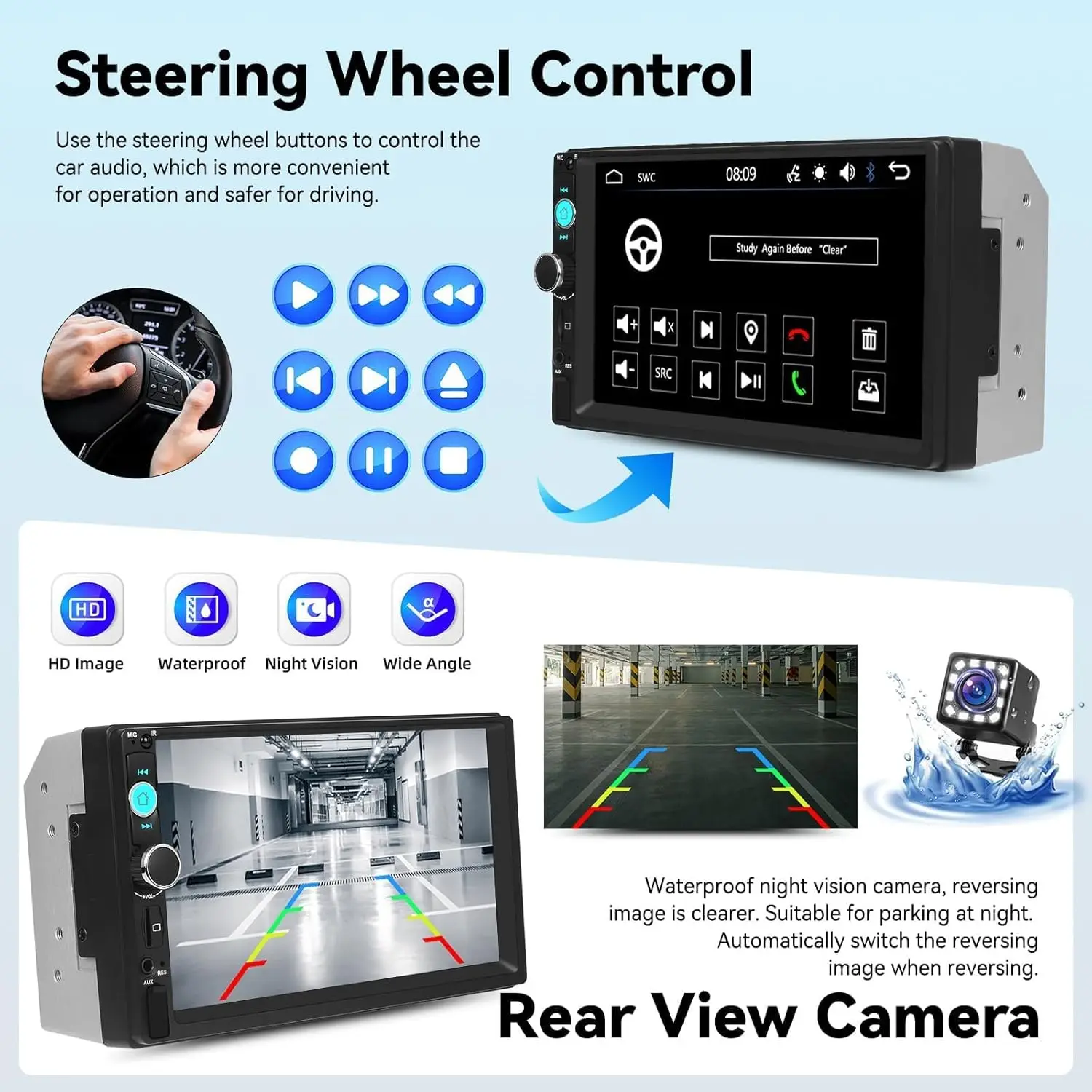 Estéreo para carro duplo Din de 7 polegadas com Bluetooth, MirrorLink, FM, USB, AUX, suporte TF + câmera de backup