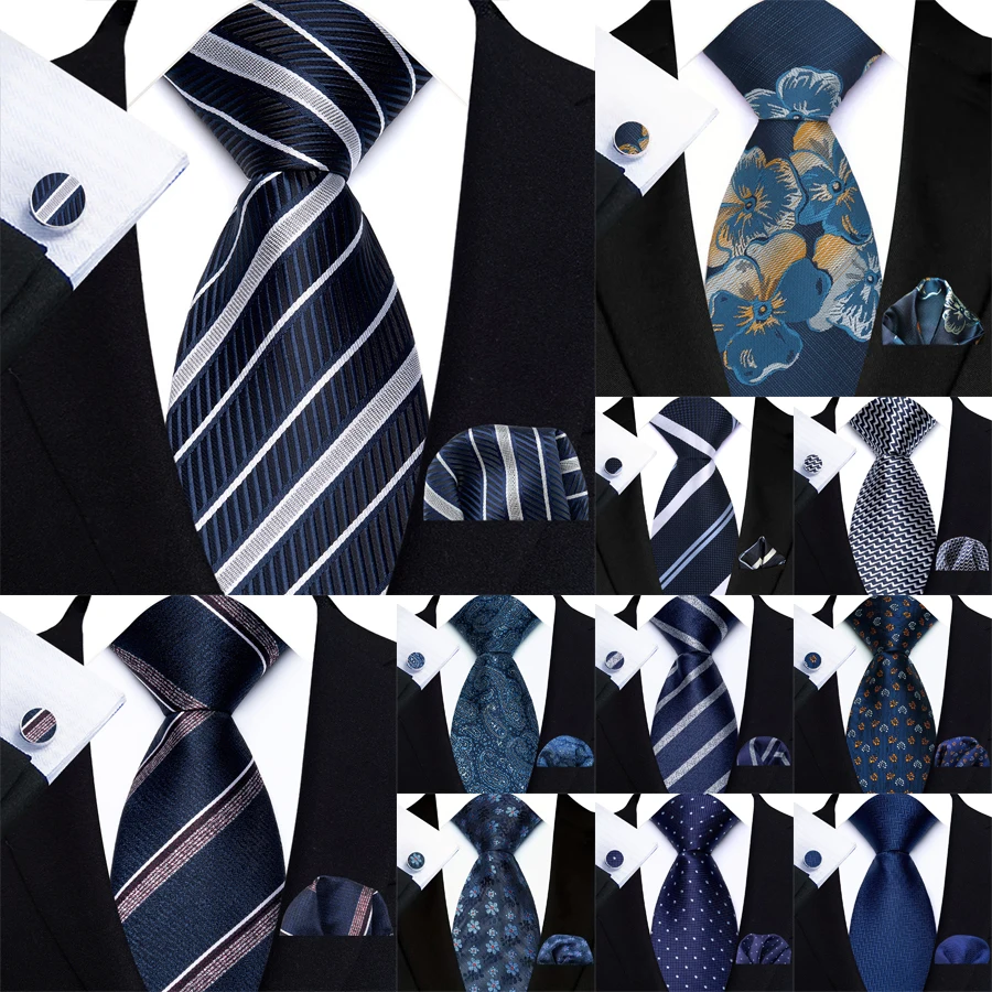 Luxus Marineblau Königsblau Herren Krawatte Einstecktuch Manschettenknöpfe Set Jacquard gewebt 8 cm Krawatte für Männer Hochzeit Business Party Zubehör Geschenk